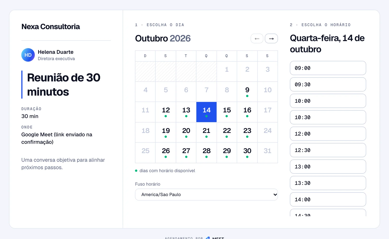 Página pública de agendamento: calendário com os dias disponíveis e os horários livres ao lado
